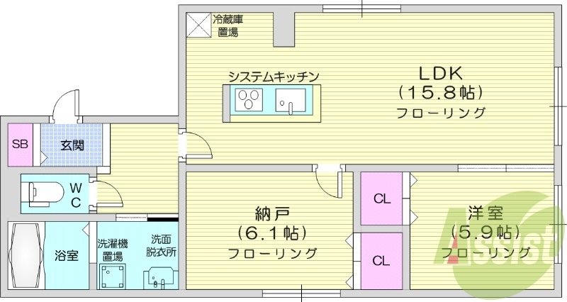 2LDK、エアコン、システムキッチン、灯油暖房