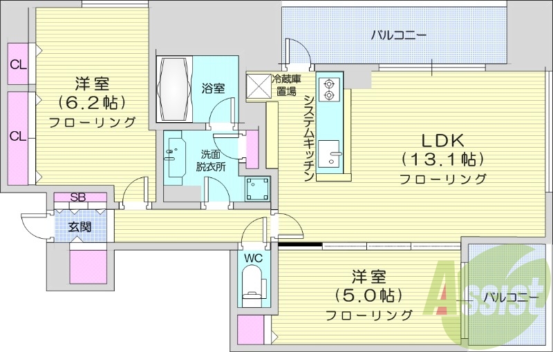 2LDK、眺望良好、対面システムキッチン、サービスバルコニー