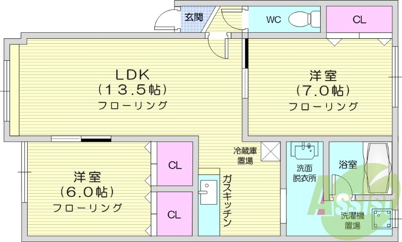 2LDK、エアコン、独立洗面台、ガスキッチン