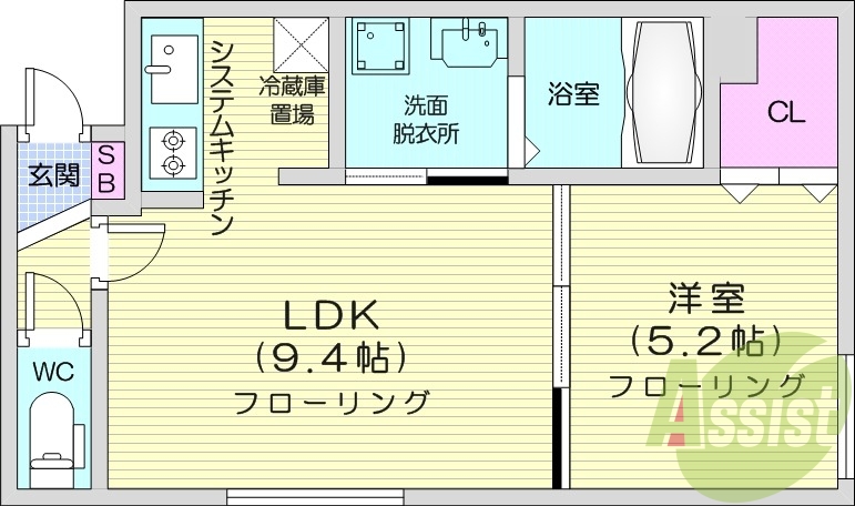 1LDK、都市ガス、エアコン、システムキッチン