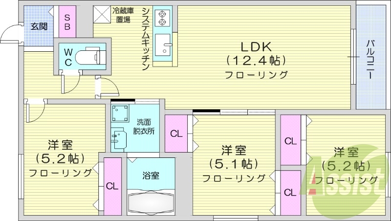 3LDK、都市ガス、エアコン、システムキッチン