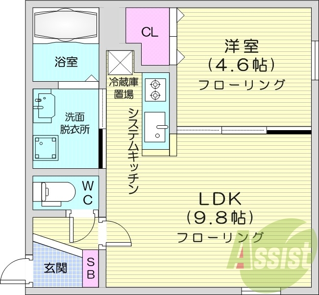 1LDK、都市ガス、エアコン、システムキッチン