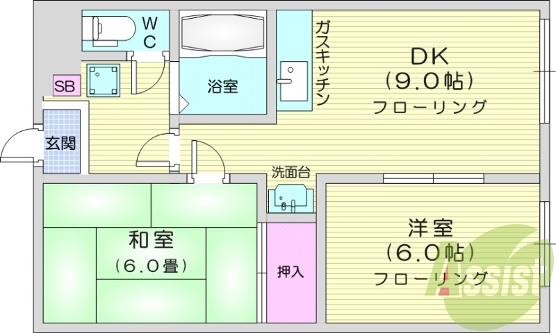 2DK、灯油暖房、ペット可、シャワートイレ