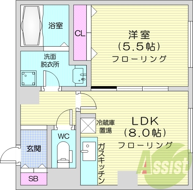 1LDK、オートロック、角部屋、天然ガス、バストイレ別