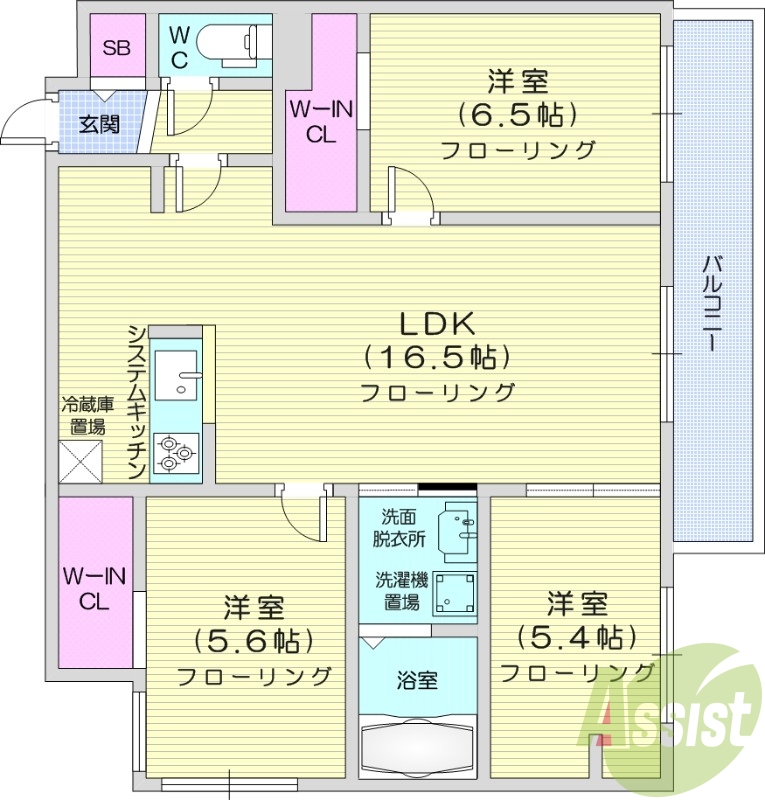 3LDK、都市ガス、エアコン、システムキッチン