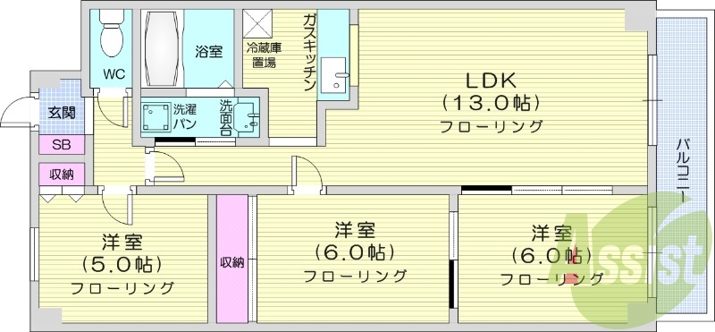 3LDK、バストイレ別、シャンドレ、エレベーター
