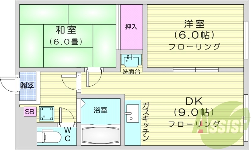 2DK、灯油暖房、ペット可、シャワートイレ