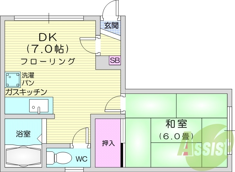 1DK、トランクルーム、バストイレ別、ネット使用料不要