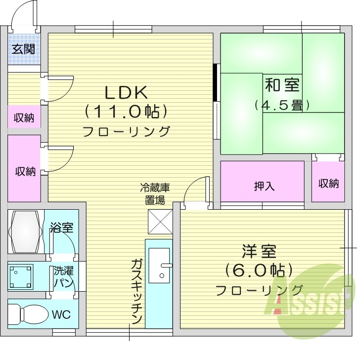 2LDK、灯油暖房、角部屋、バストイレ別