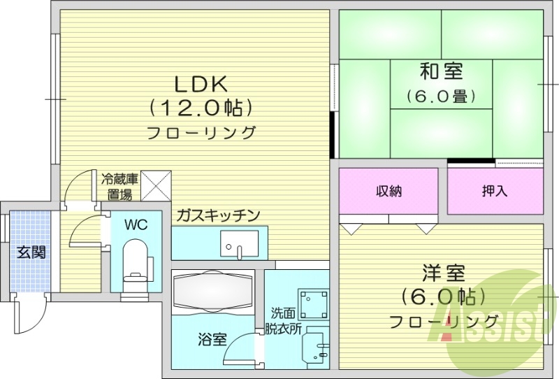 2LDK、灯油暖房、トランクルーム、独立洗面台