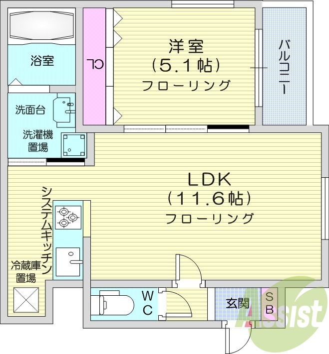 1LDK、エアコン、システムキッチン、シャワートイレ