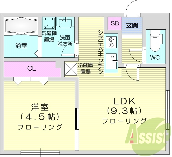 1LDK、都市ガス、エアコン、システムキッチン、ネット無料