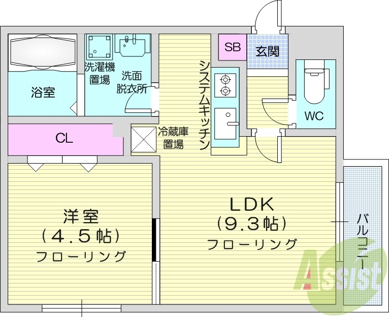 1LDK、都市ガス、エアコン、システムキッチン、ネット無料