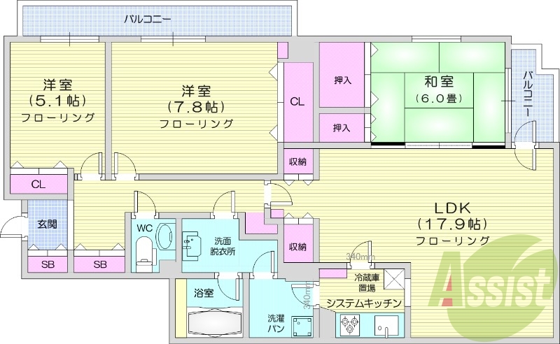 3LDK、エアコン、分譲タイプ、都市ガス