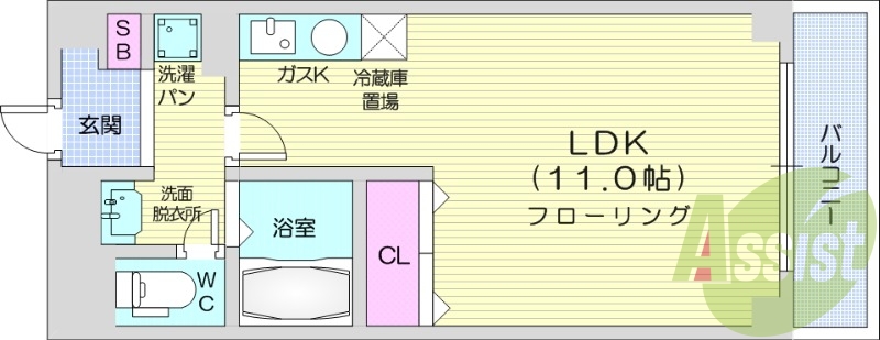 1K、都市ガス、エレベーター、ネット無料