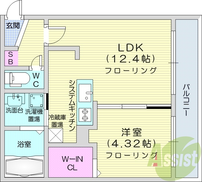 1LDK、エアコン、ネット無料、システムキッチン