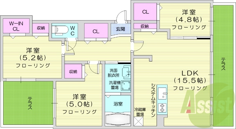 3LDK、エアコン、ネット無料、システムキッチン