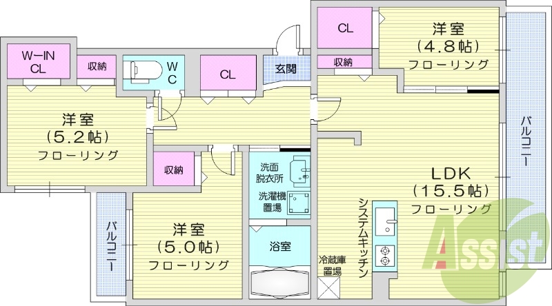 3LDK、エアコン、ネット無料、システムキッチン