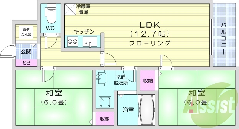 2LDK、オール電化、エレベーター、オートロック