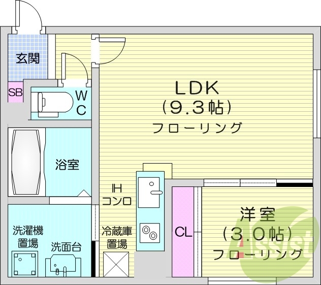 1LDK、角部屋、電気コンロ、独立洗面台、オートロック