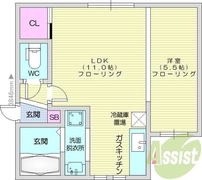 1LDK、洗髪洗面化粧台、ガスキッチン、シューズボックス