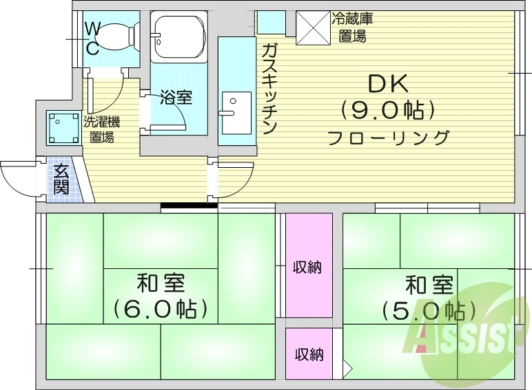 2DK、風呂トイレ別、トランクルーム、灯油暖房