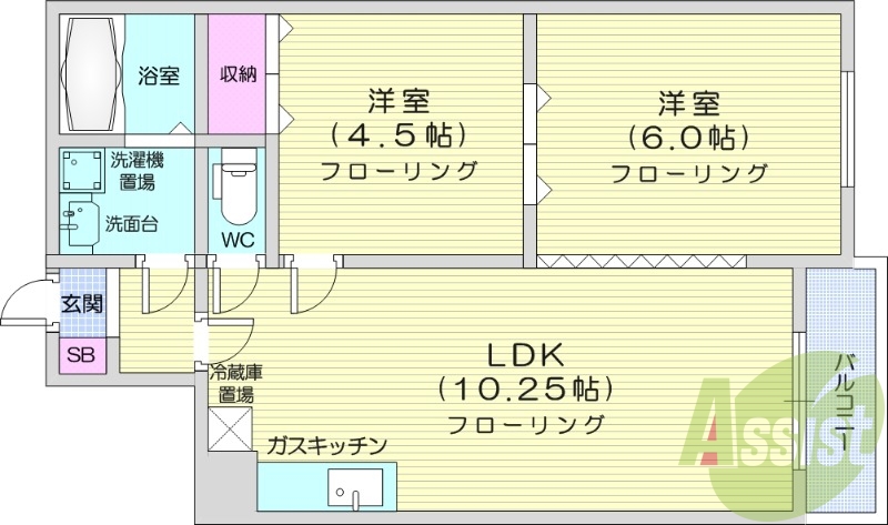 2LDK、独立洗面台、エアコン、バストイレ別
