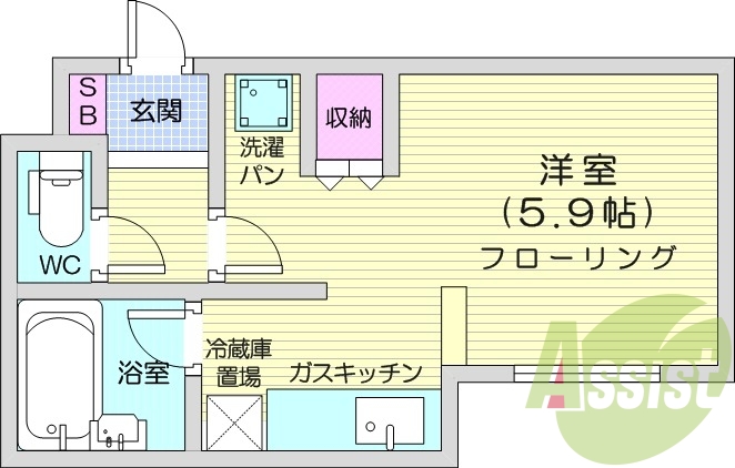 1K、エアコン、灯油FF暖房、ネット使用料無料、角部屋