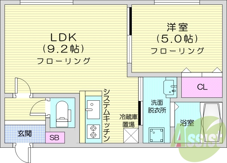 1LDK、エアコン、システムキッチン、独立洗面台