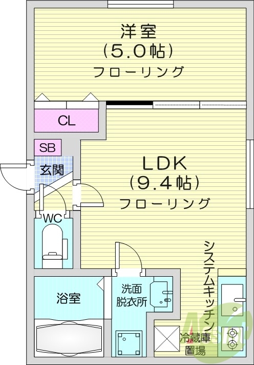 1LDK、エアコン、システムキッチン、独立洗面台
