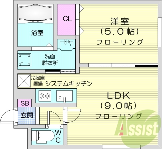 1LDK、エアコン、システムキッチン、独立洗面台