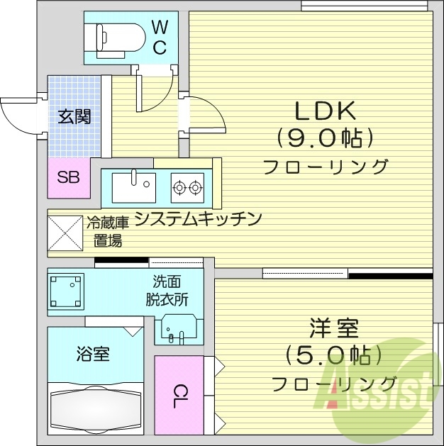 1LDK、エアコン、システムキッチン、独立洗面台