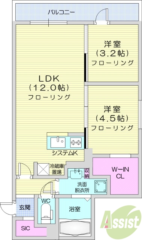 2LDK、都市ガス、エアコン、浴室乾燥機