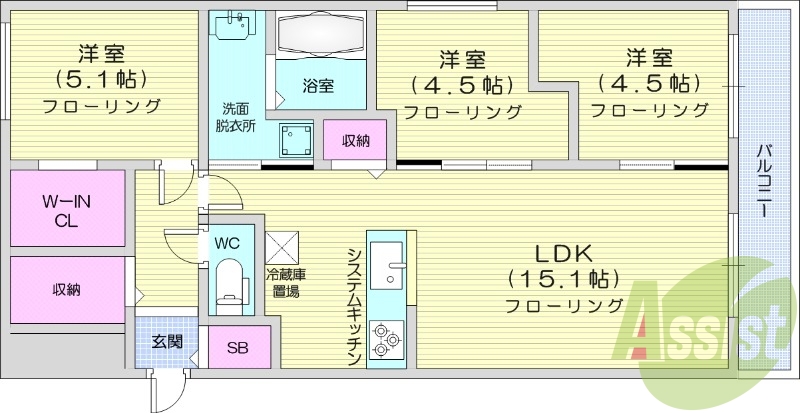 3LDK、都市ガス、エアコン、浴室乾燥機