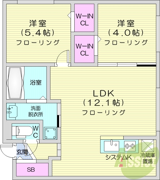 2LDK、エアコン、システムキッチン、ネット無料