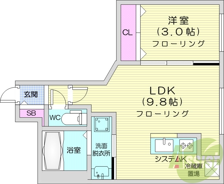 1LDK、エアコン、システムキッチン、ネット無料