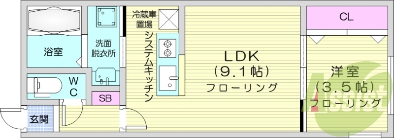 1LDK、エアコン、システムキッチン、ネット無料