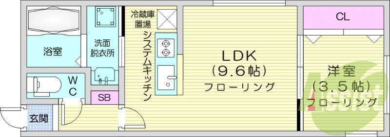 1LDK、エアコン、システムキッチン、ネット無料