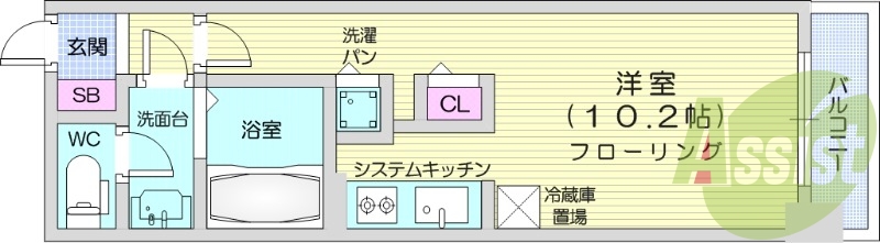 1K、都市ガス、エアコン、追い焚き、浴室乾燥機