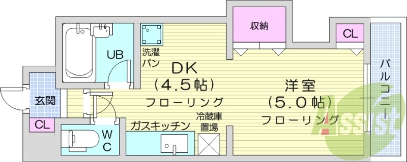 1DK、バストイレ別、ガスFF暖房、ガス給湯