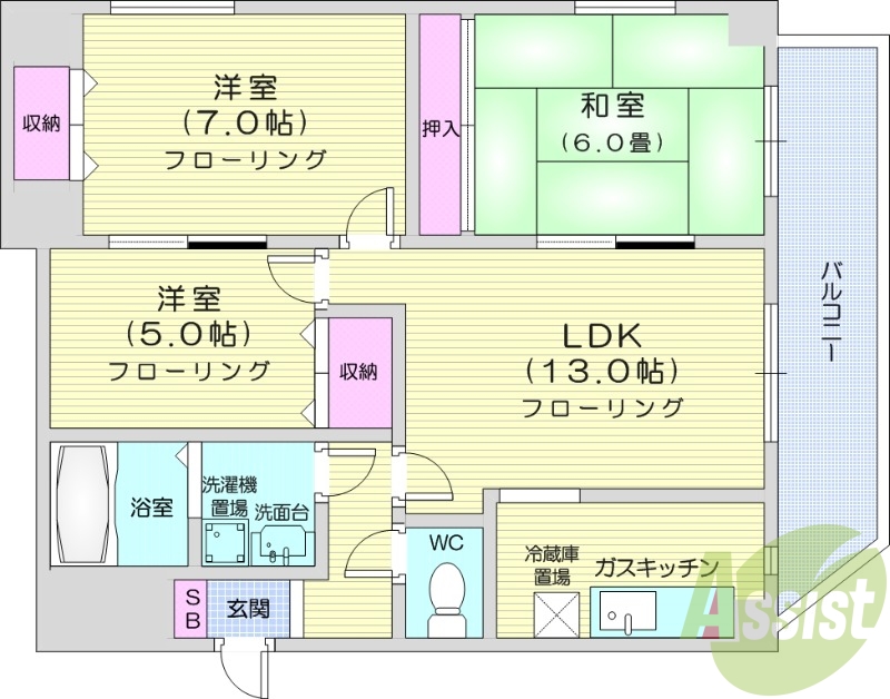 3LDK、オートロック、角部屋、バルコニー