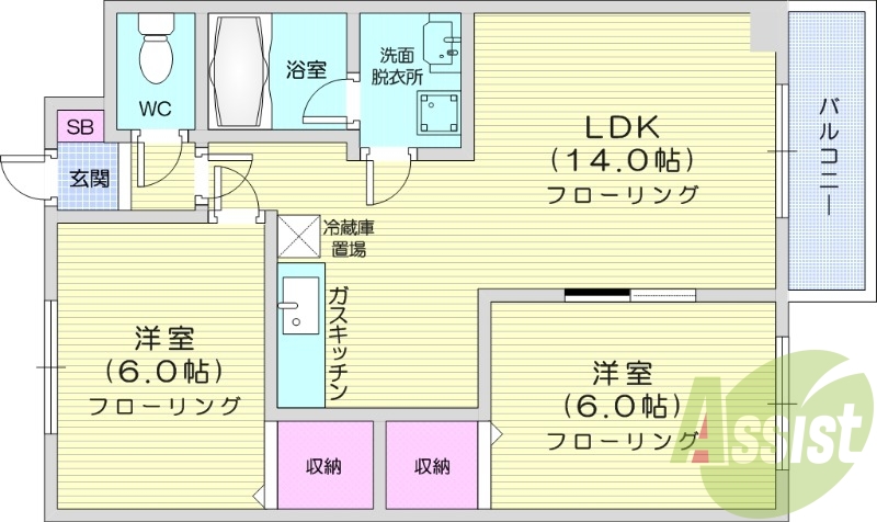 2LDK、独立洗面台、バストイレ別