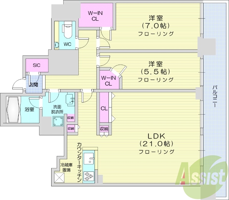 2LDK、都市ガス、追い焚き、エアコン、システムキッチン