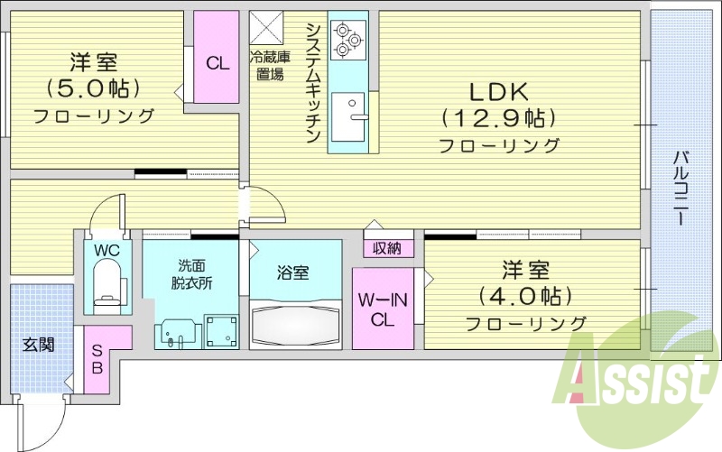 2LDK、都市ガス、エアコン、システムキッチン、浴室乾燥機