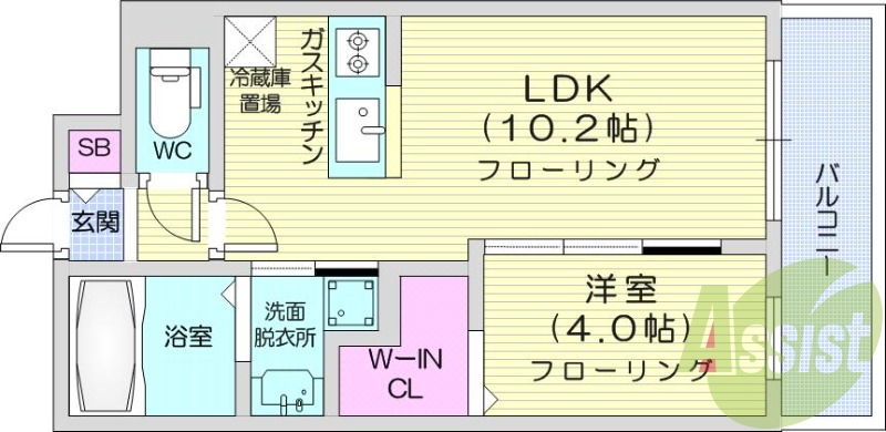 1LDK、都市ガス、エアコン、システムキッチン、浴室乾燥機