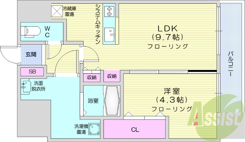 1LDK、IHシステムキッチン、シャワートイレ、都市ガス