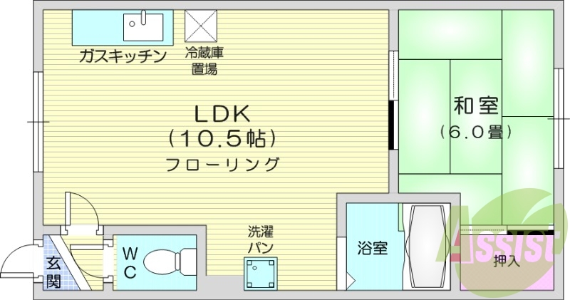 1LDK、バストイレ別、灯油暖房、室内洗濯機置場