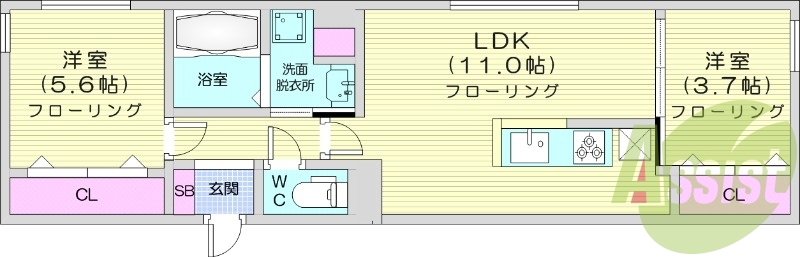 2LDK、都市ガス、エアコン、追い焚き、システムキッチン