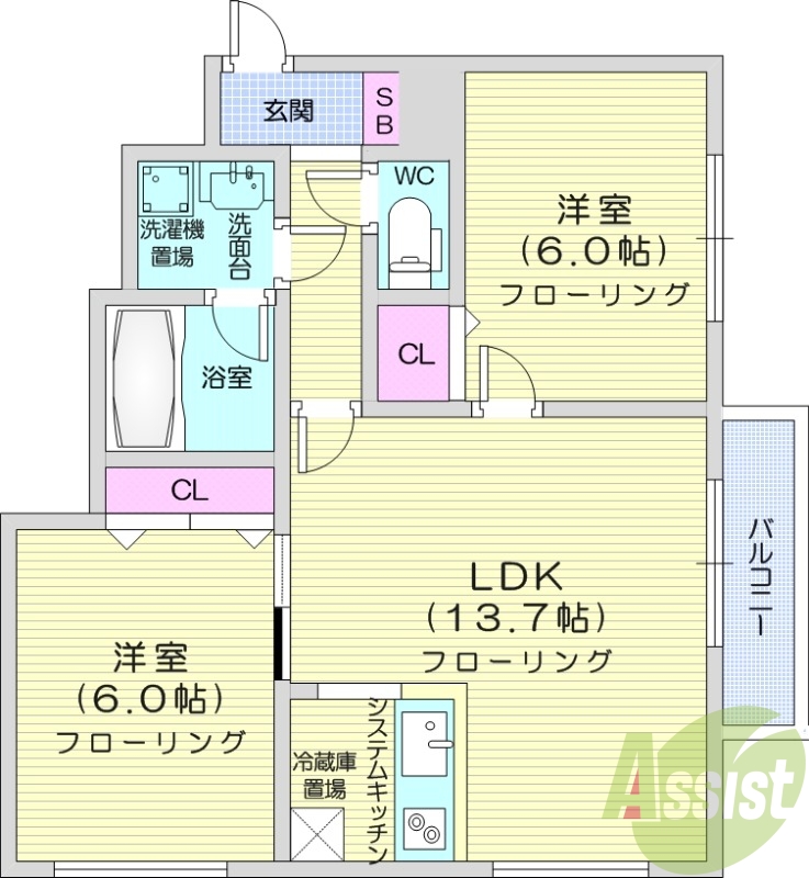 2LDK、対面キッチン、IHキッチン、エアコン、オートロック