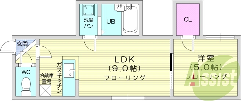 1LDK、バストイレ別、灯油暖房、クローゼット